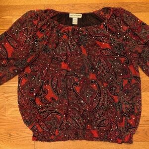 Cathy Daniels Women's Red and Black Paisley Blouse with Silver Sparkle 2XL